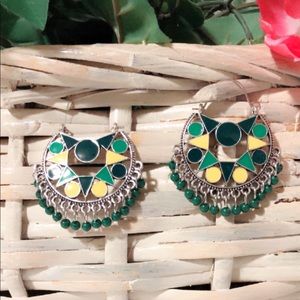 Silver and Green Tibetan Silver Jhumki Earrings